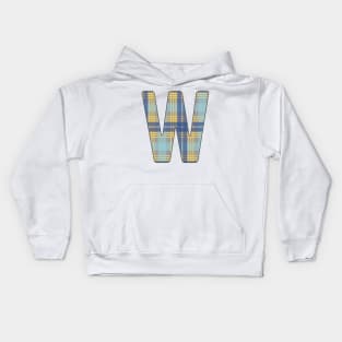 Monogram Letter W, Blue, Yellow and Grey Scottish Tartan Style Typography Design Kids Hoodie